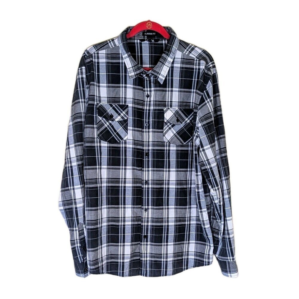 Carbon Men's Button Up Shirt Large Black Plaid Grey/White Long Roll Tab Sleeves
